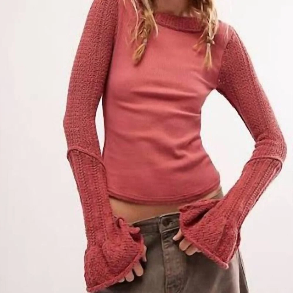 FREE PEOPLE Cuffing Season Top Sweater Sleeves Dusty Cedar Dark Rose